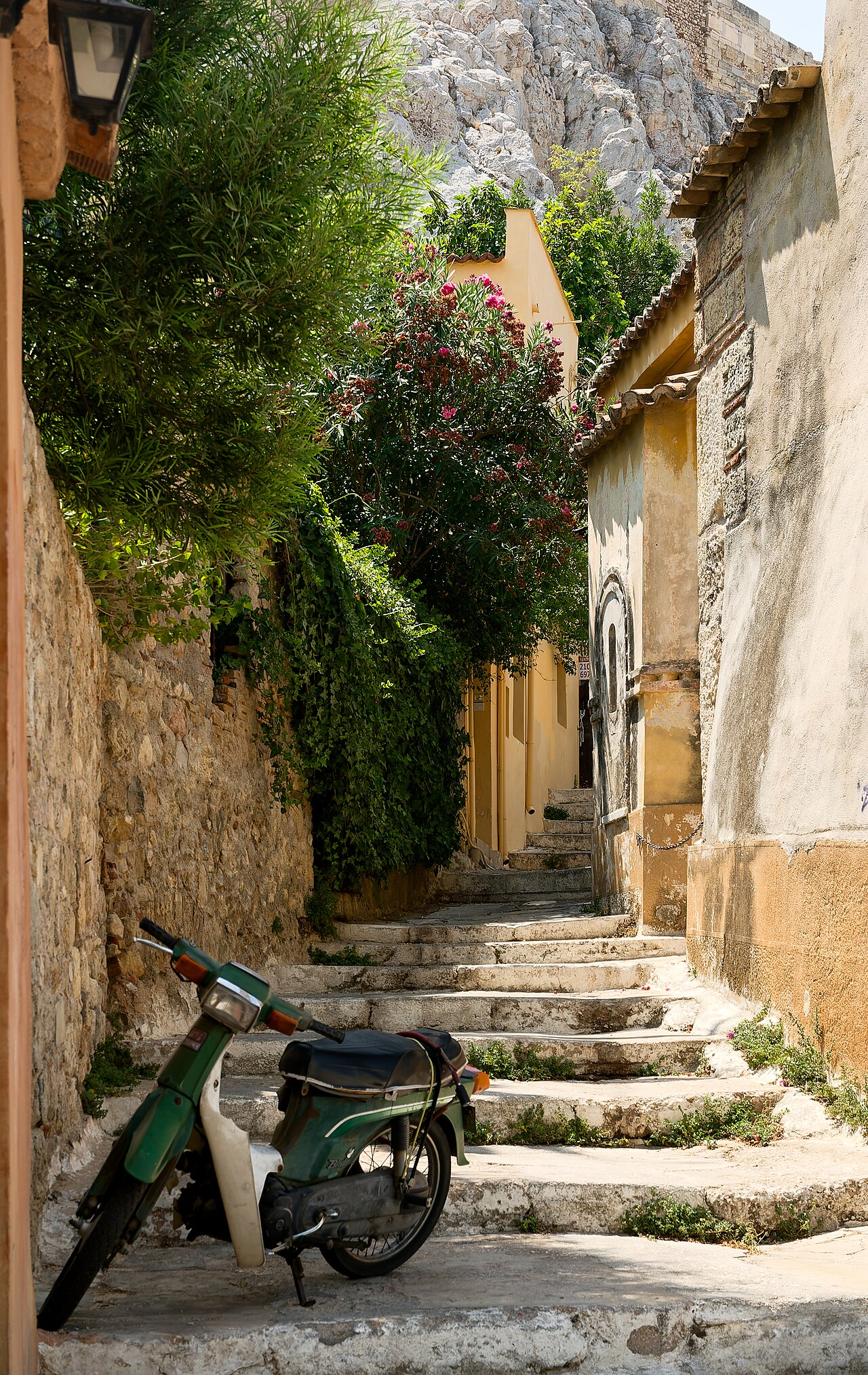 Narrow Epicharmou Street in Athens' Plaka neighbourhood