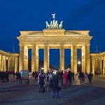 Brandenburg Gate illuminated at blue hour in central Berlin