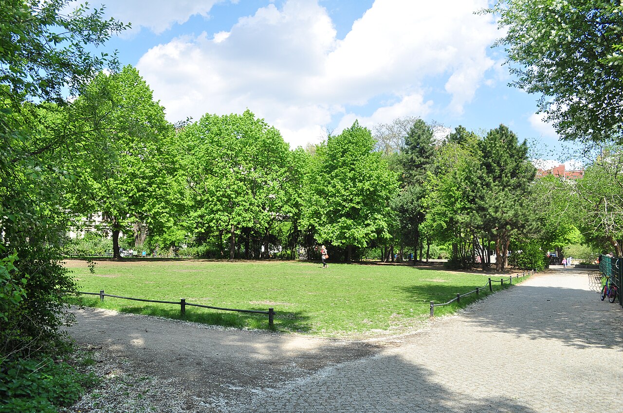 Tree-lined green space at Kollwitzplatz in Berlin's Prenzlauer Berg