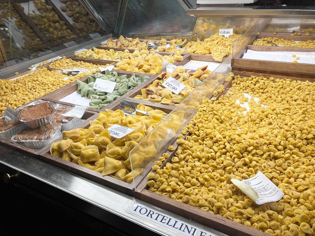 Fresh pasta displayed at a market in Bologna