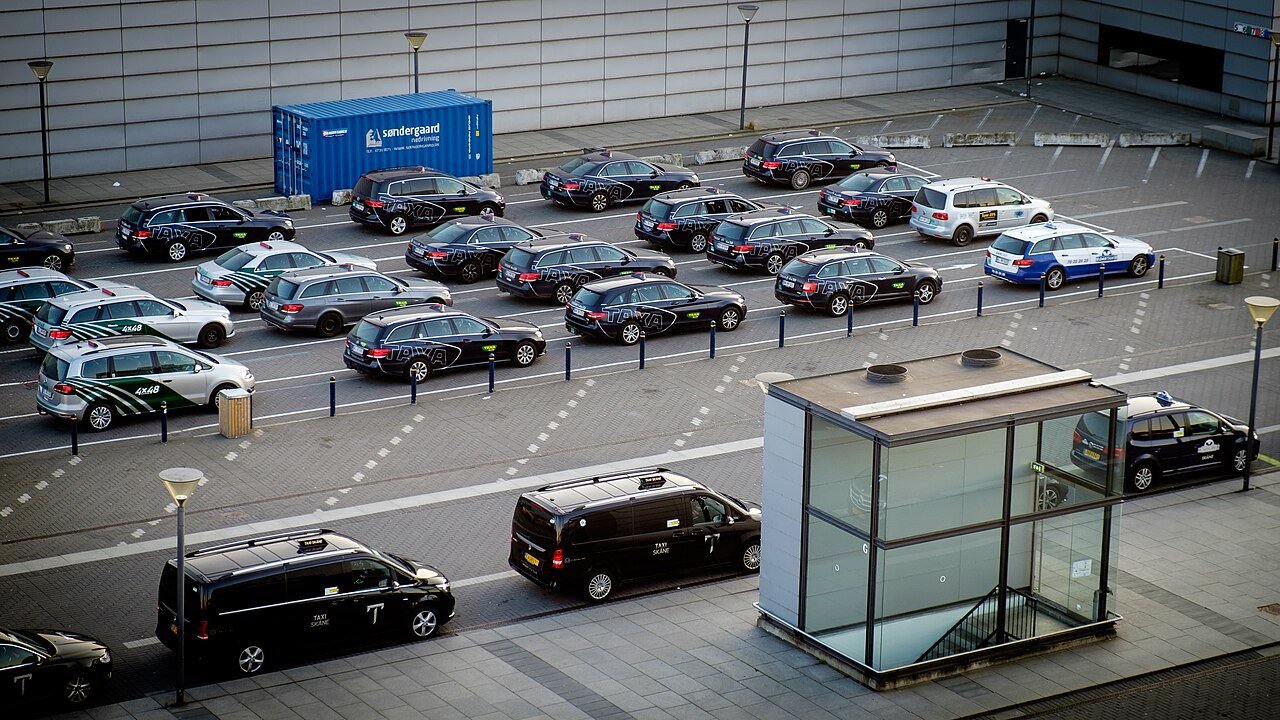Taxis waiting at the rank outside Copenhagen Airport