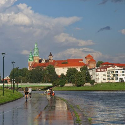 Wawel Royal Castle and Wawel Cathedral on Wawel Hill seen from the bank of the Vistula river in Kraków