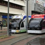 Two AntRay trams passing at the İsmetpaşa stop in central Antalya
