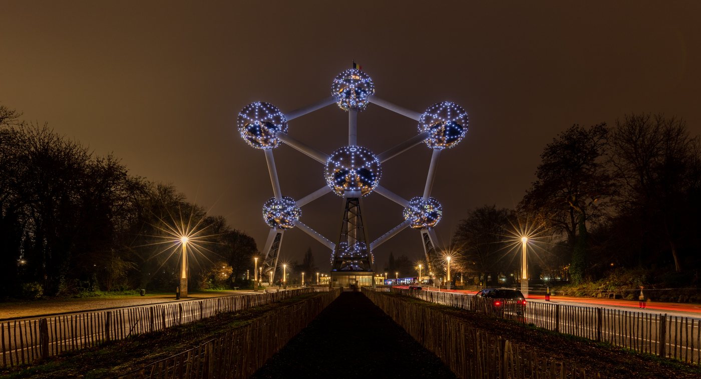 The illuminated Atomium monument in Brussels at night
