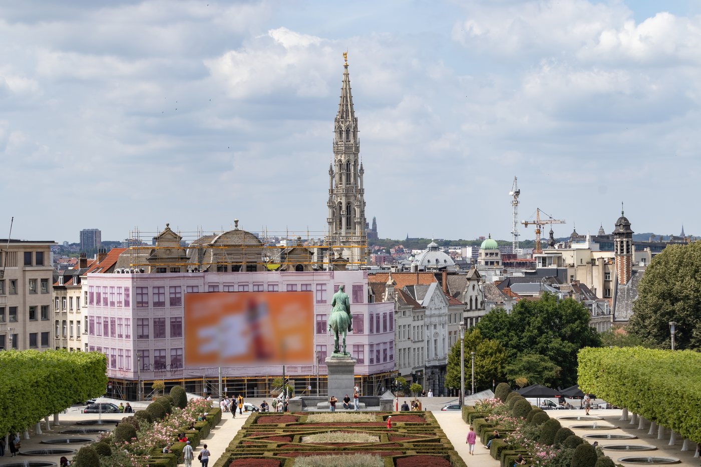 Mont des Arts garden in Brussels looking toward the Town Hall tower