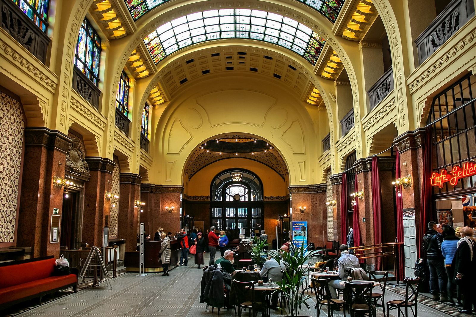 The Art Nouveau entrance hall of Gellért Thermal Bath with its glass-roofed vault and arched windows