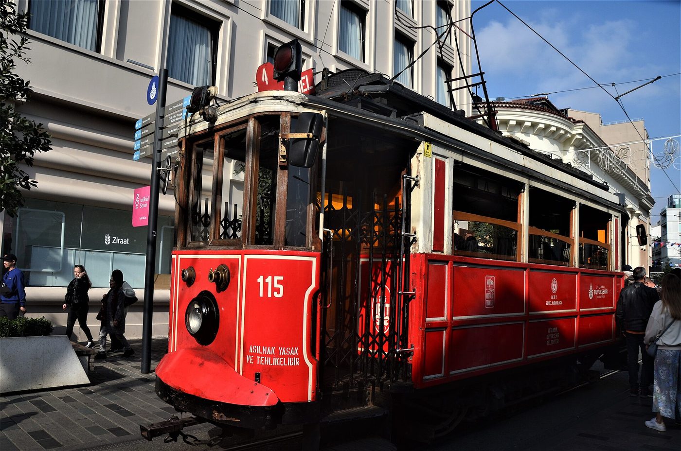 Red nostalgic tram on İstiklal Avenue in Beyoğlu