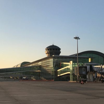 Adnan Menderes Airport international terminal in İzmir at dusk