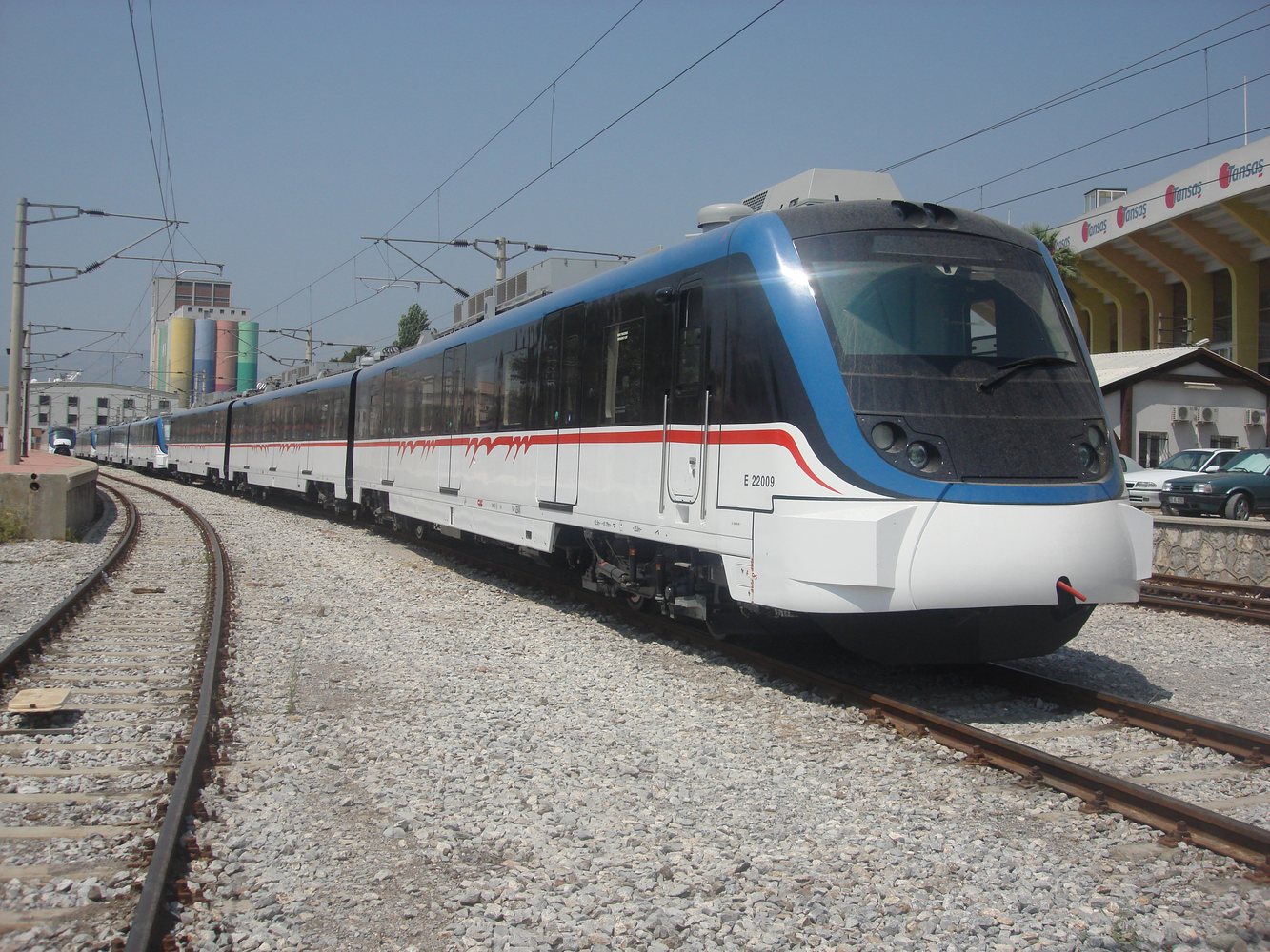 Blue and white İZBAN commuter train in İzmir