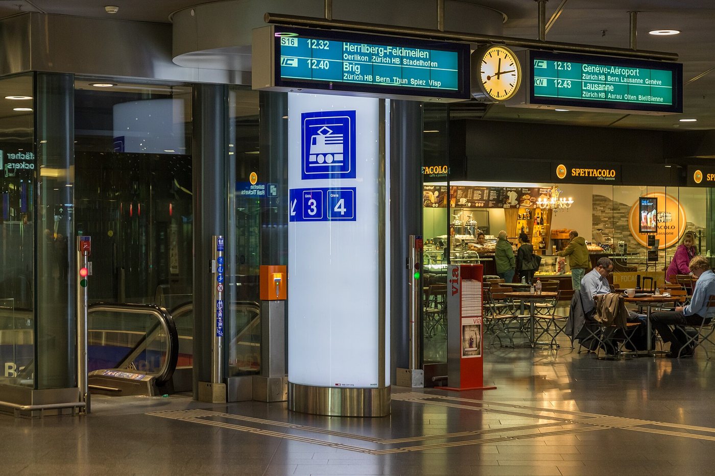 Escalators leading to the train platforms at Zurich Airport railway station