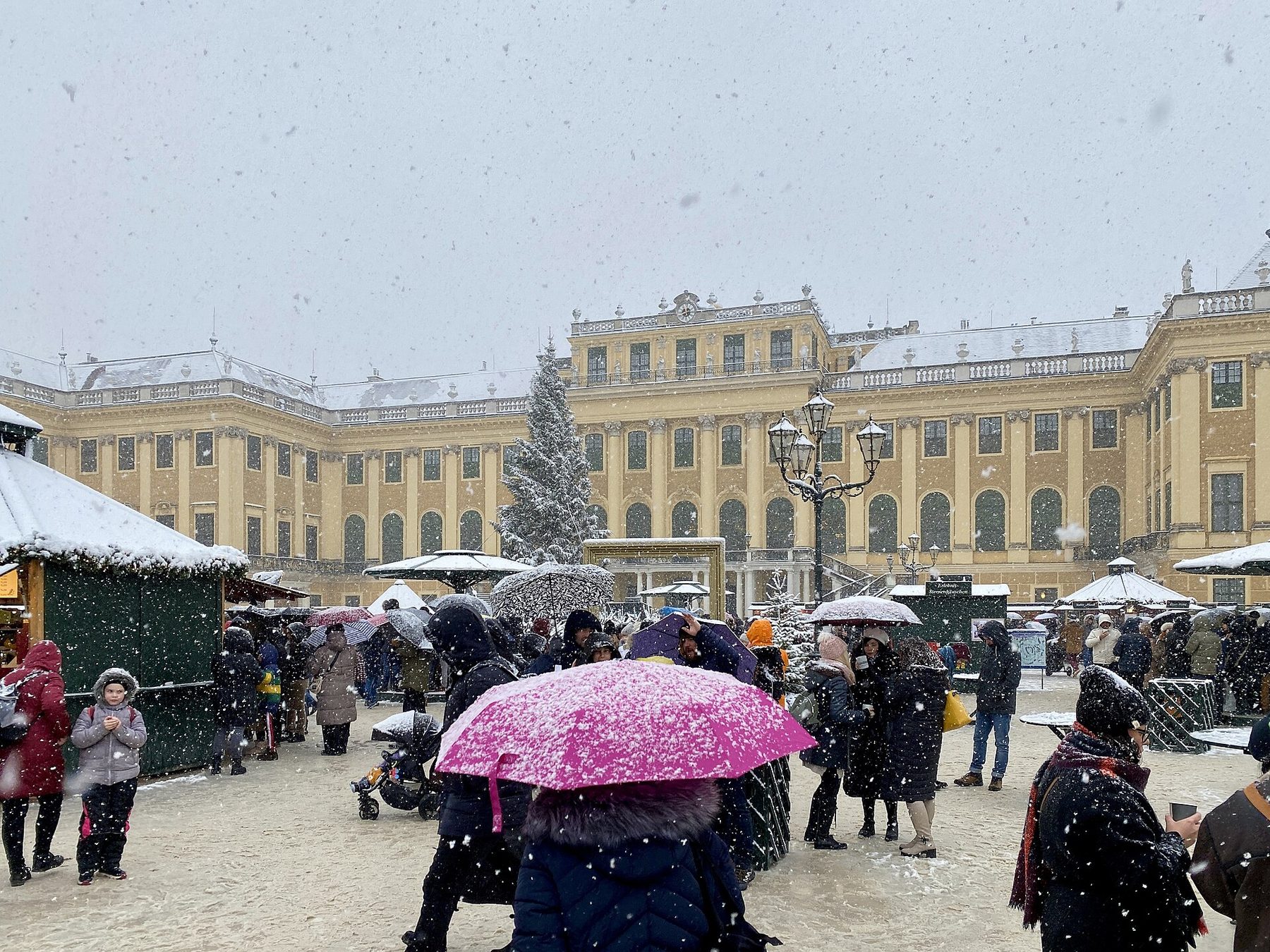 Christmas market stalls and a decorated tree in the snowy main courtyard of Schönbrunn Palace in Vienna